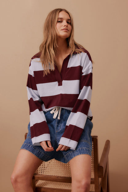 Shelby Slouchy Rugby Top Chalk Blue Raisin Stripe