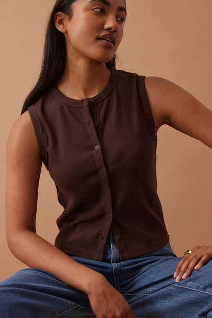 Lyla Button Through Rib Tank Chocolate