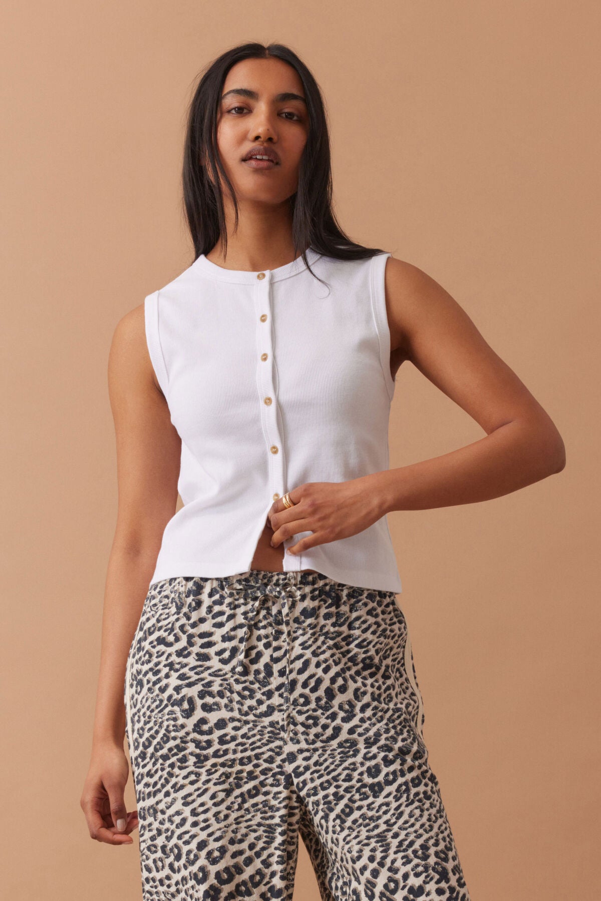 Lyla Button Through Rib Tank White