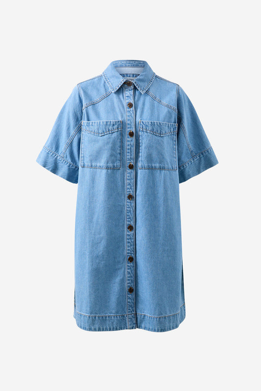 Ava Short Sleeve Yoke Detail Mini Dress Vintage Blue