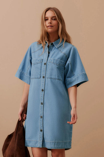 Ava Short Sleeve Yoke Detail Mini Dress Vintage Blue