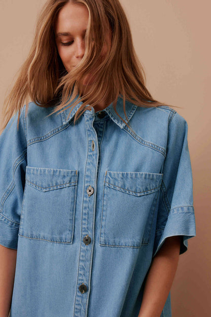 Ava Short Sleeve Yoke Detail Mini Dress Vintage Blue
