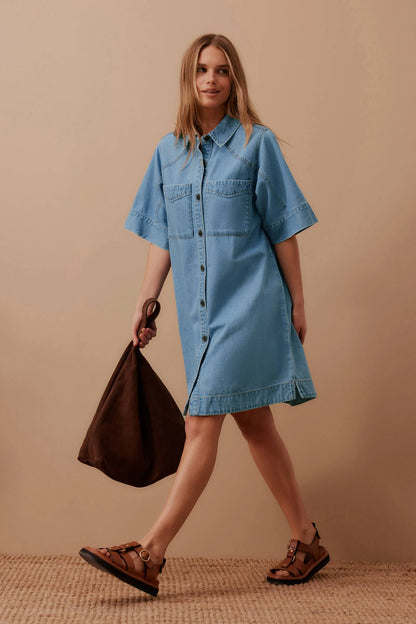 Ava Short Sleeve Yoke Detail Mini Dress Vintage Blue