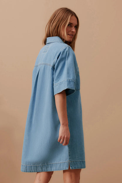 Ava Short Sleeve Yoke Detail Mini Dress Vintage Blue