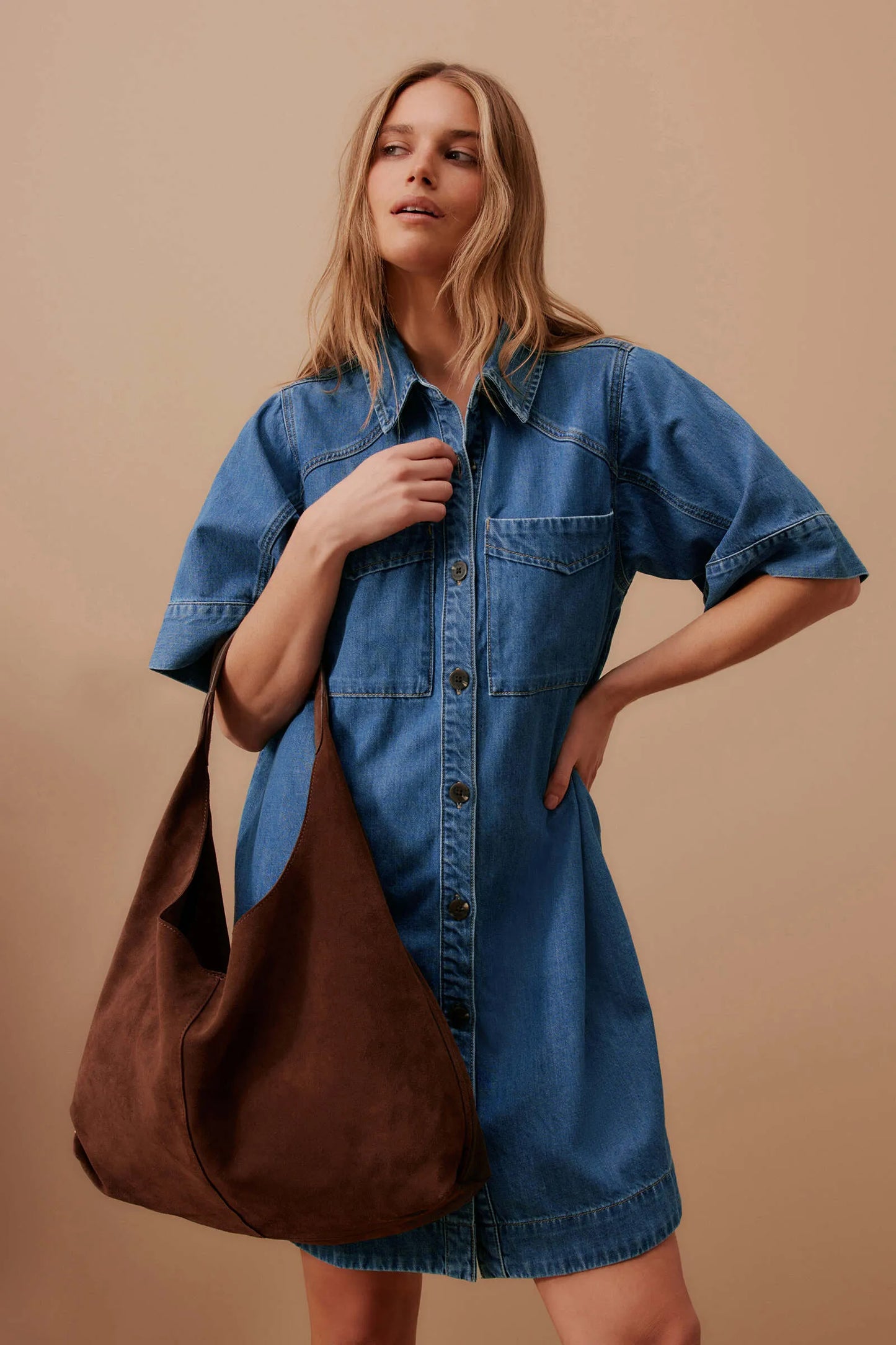 Ava Short Sleeve Yoke Detail Mini Dress Fresh Indigo