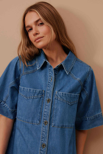 Ava Short Sleeve Yoke Detail Mini Dress Fresh Indigo