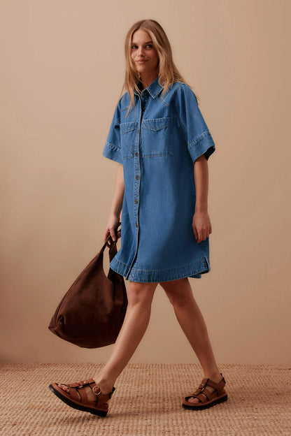 Ava Short Sleeve Yoke Detail Mini Dress Fresh Indigo