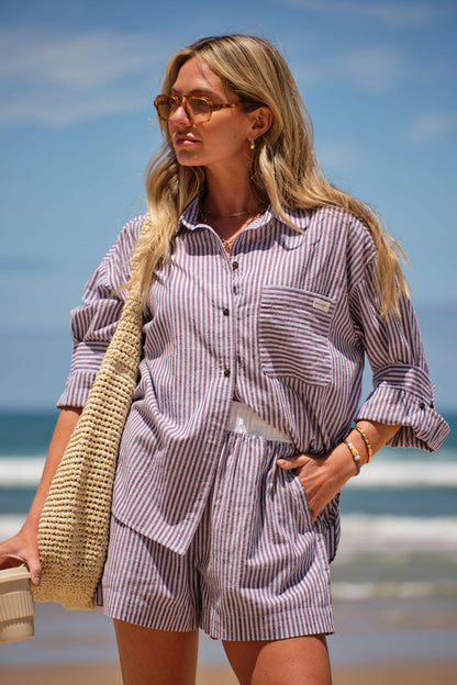 Miya Shirt ~ Wine Blue Stripe
