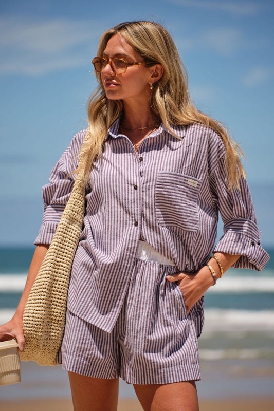 Miya Shirt ~ Wine Blue Stripe
