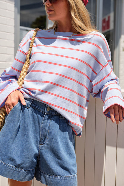 Beau Long Sleeve Slouchy Tee ~ blue + red