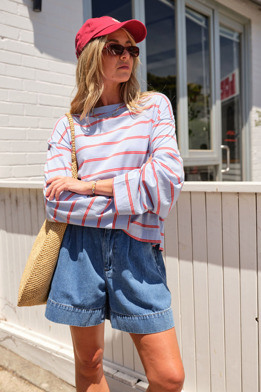 Beau Long Sleeve Slouchy Tee ~ blue + red