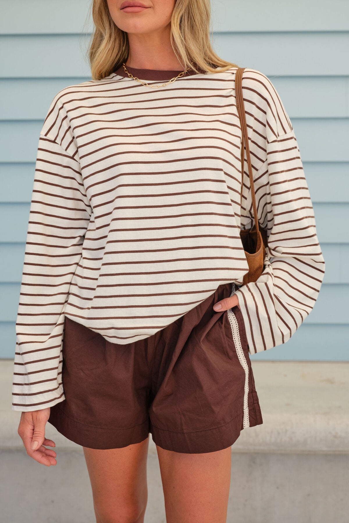 Beau Long Sleeve Slouchy Tee ~  Milk + Brown