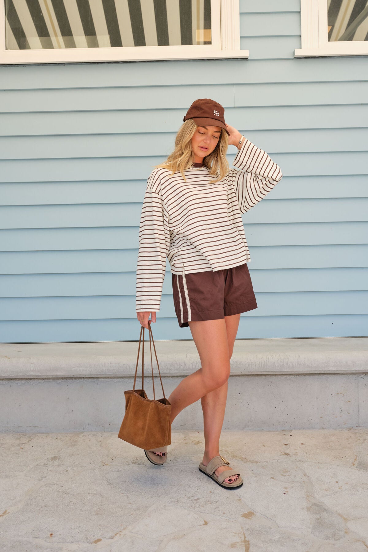 Beau Long Sleeve Slouchy Tee ~  Milk + Brown