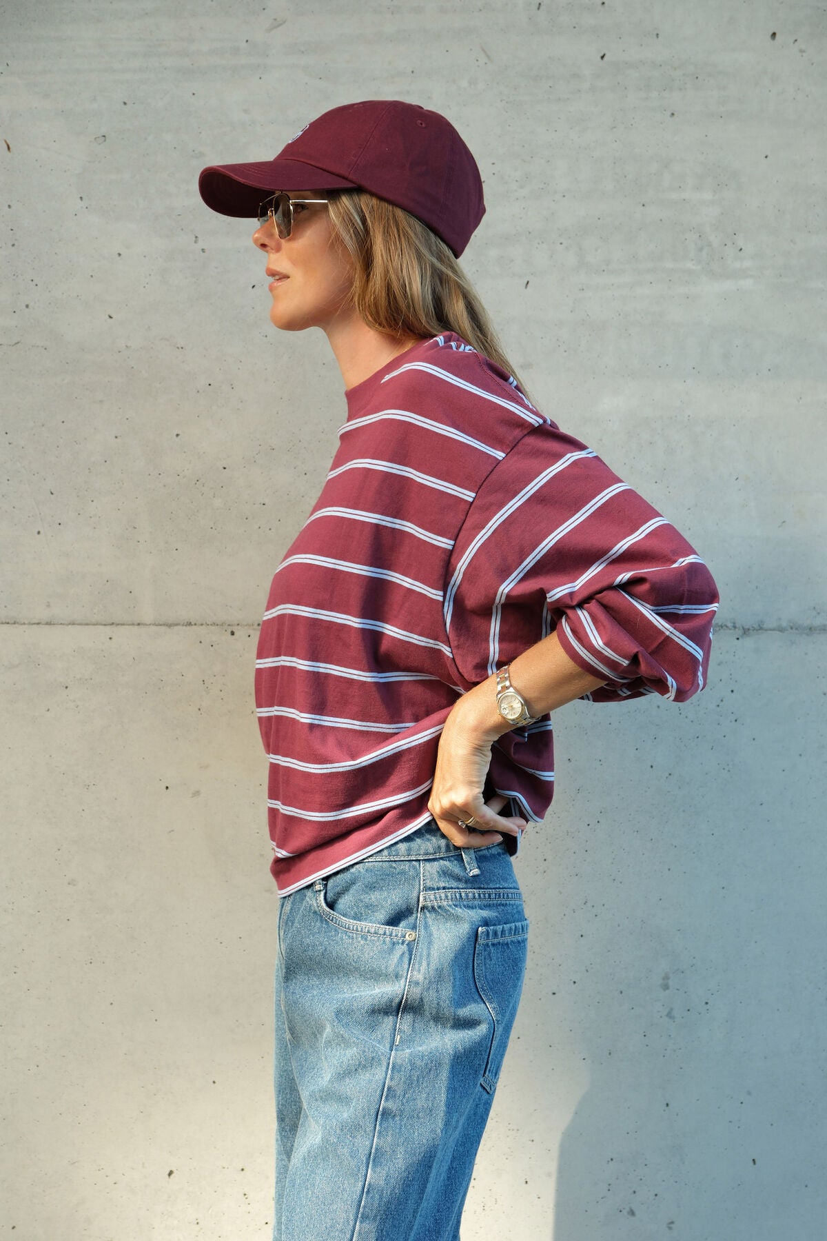 Beau Long Sleeve Slouchy Tee ~ Burgundy + Sky