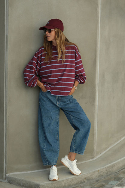 Beau Long Sleeve Slouchy Tee ~ Burgundy + Sky