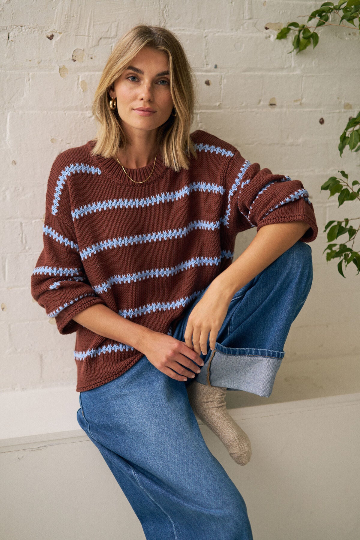 Lila Oversized Knit Crew ~ Burnt Toffee Stripe
