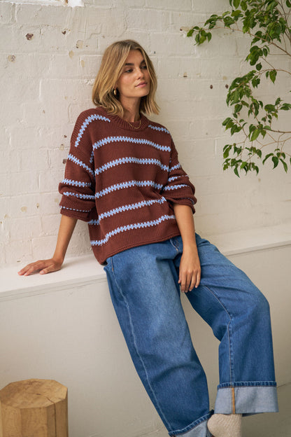 Lila Oversized Knit Crew ~ Burnt Toffee Stripe