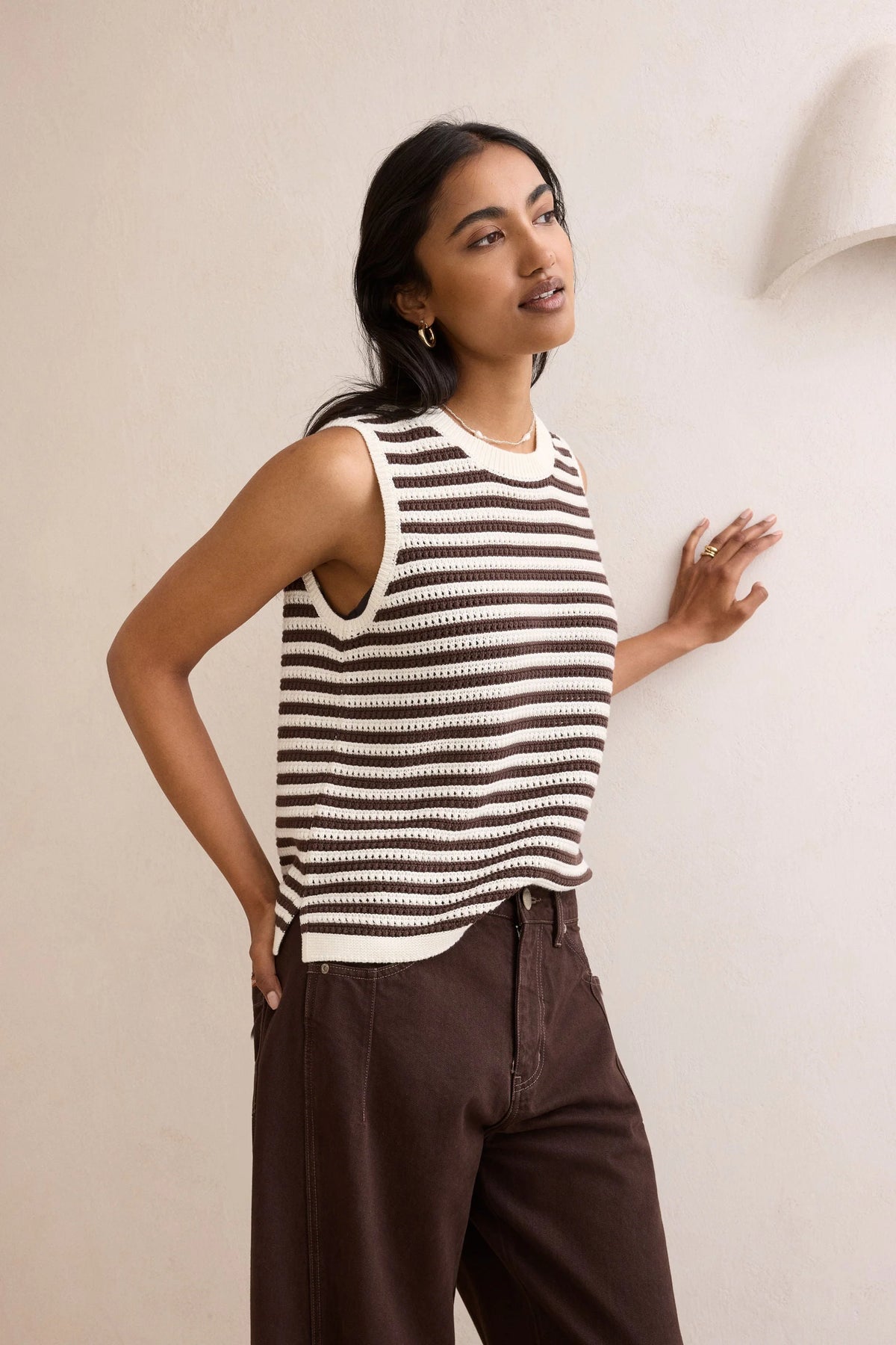 Maddy Mesh Knit Tank ~ Brunette Stripe