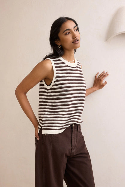 Maddy Mesh Knit Tank ~ Brunette Stripe