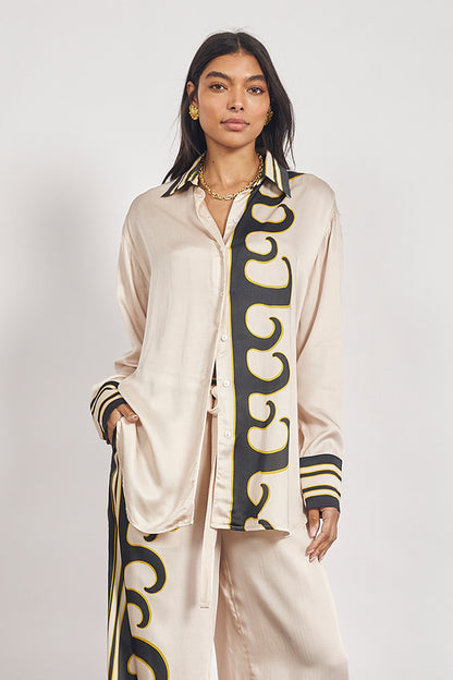 Tide Long Sleeve Satin Shirt in Ecru