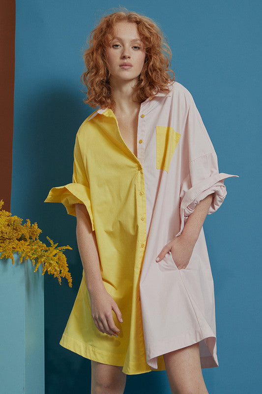 Splice Oversized Shirt Dress Lemon Pink