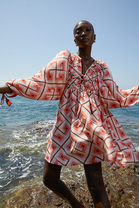 Geo Smock Mini Dress Coral Hues