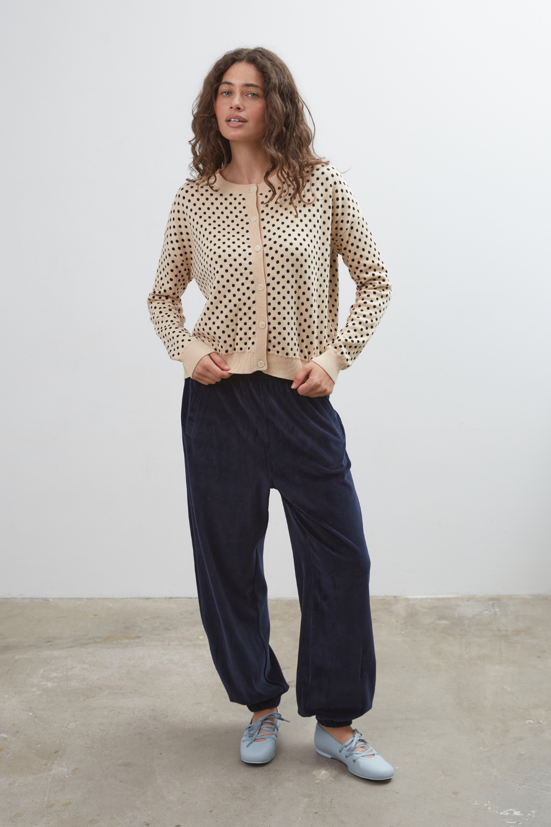 Dawn Cotton Cardigan ~ Beige Polka Dot