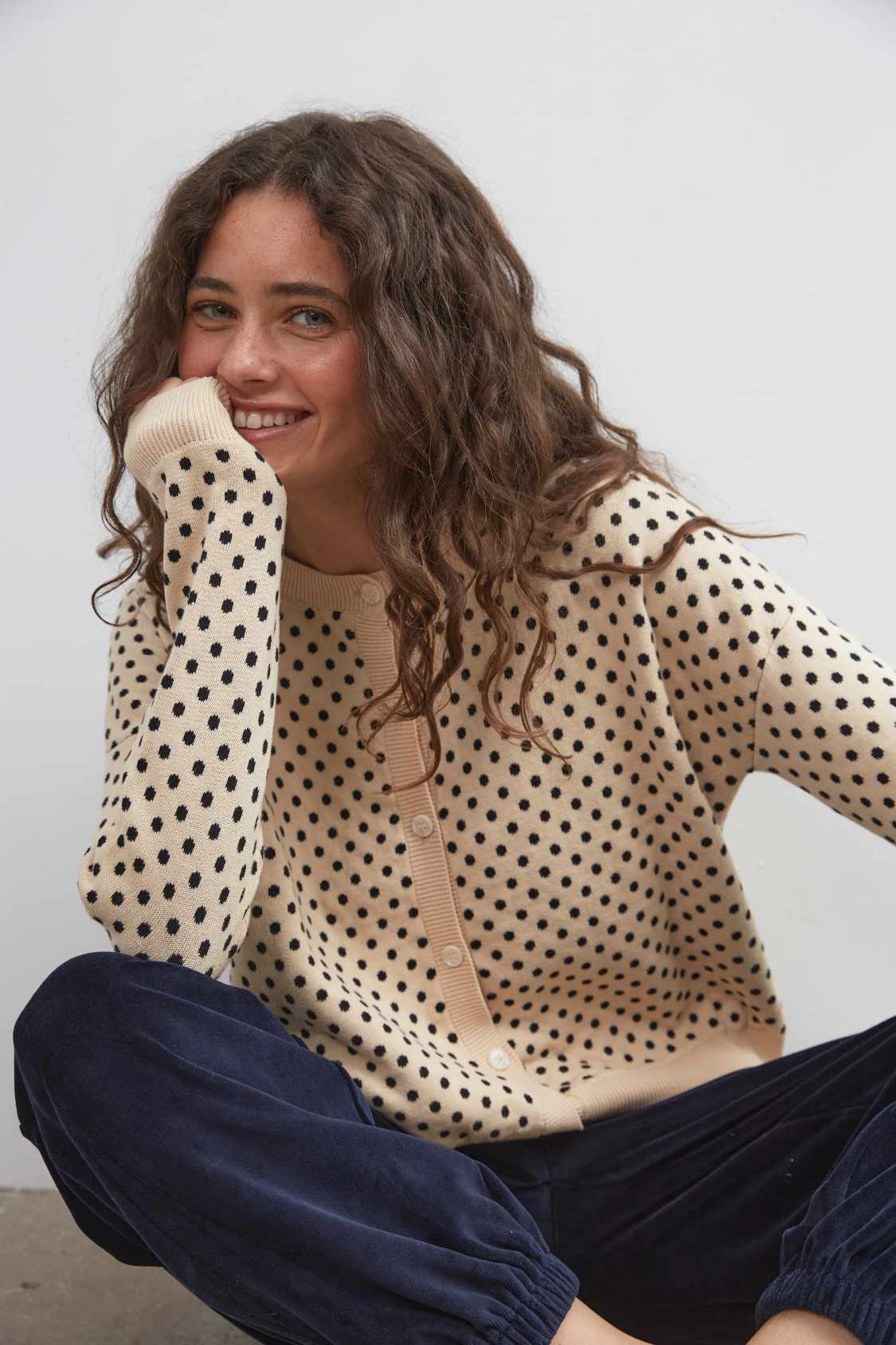 Dawn Cotton Cardigan ~ Beige Polka Dot