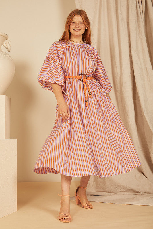 Candy Stripe Pleated Neck Midi