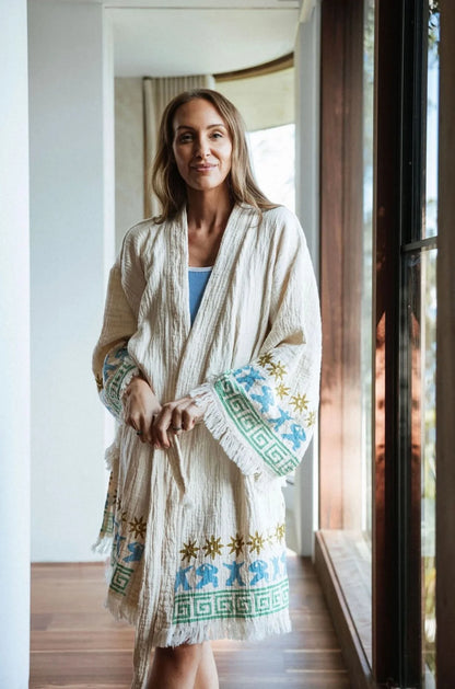 Midi Natural Tiny Dancer Robe Kiwi ~ Hand Pressed Motif
