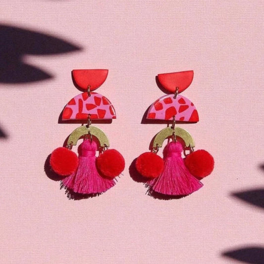 Red Pompom Earrings