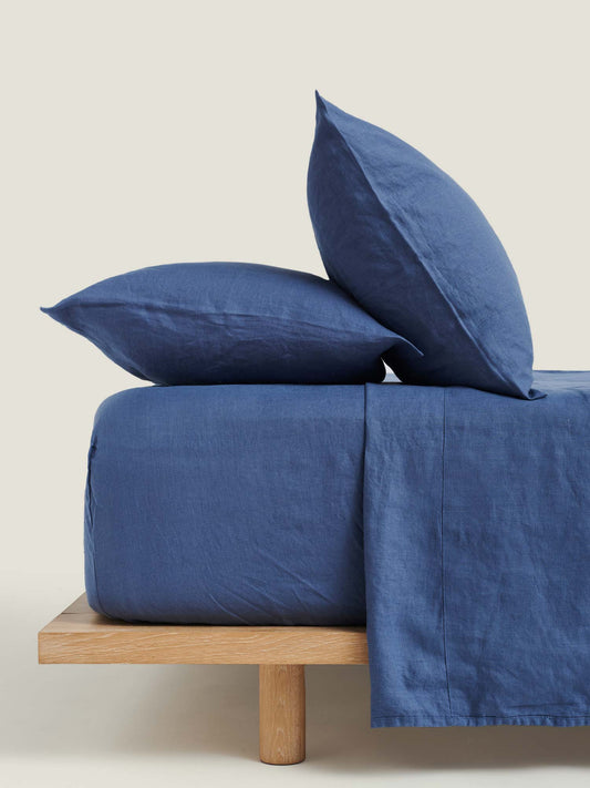 100% Linen Fitted Sheet ~ Marine Blue