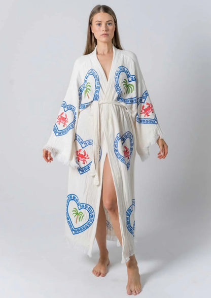 Long Natural Robe ~ Crab/Palm Hand Pressed Motif