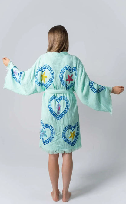 Midi Caribbean Blue Robe ~ Sea Horse/Sea Star Hand Pressed Motif
