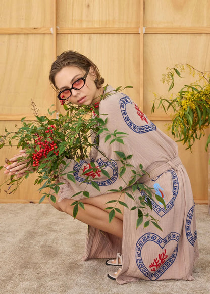 Midi Tan Coral Seahorse Robe ~ Hand Pressed Motif