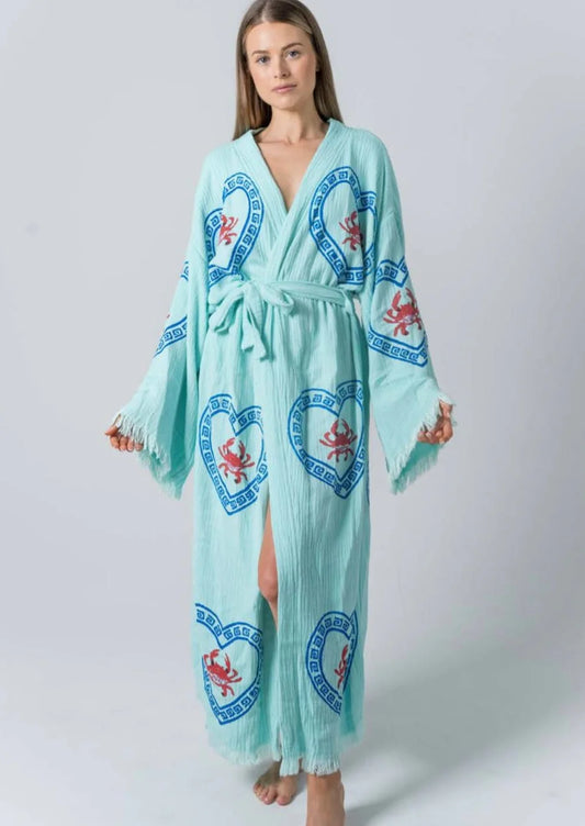 Long Caribbean Blue Robe ~ Crab Hand Pressed Motif