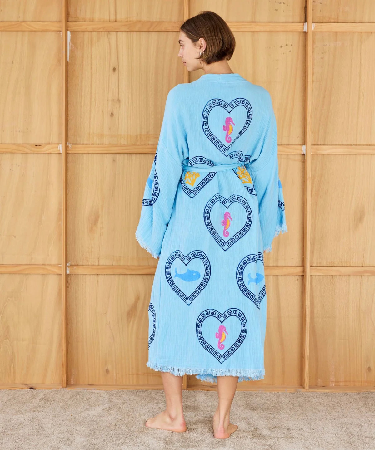 Long Azure Sardine Coral Robe ~ Hand Pressed Motif