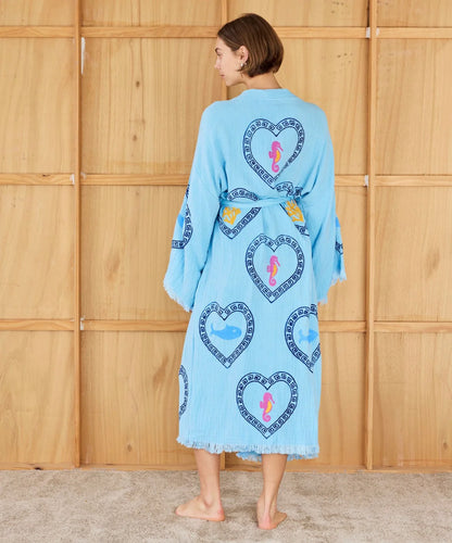 Long Azure Sardine Coral Robe ~ Hand Pressed Motif