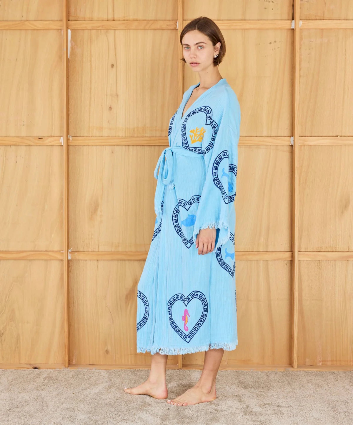 Long Azure Sardine Coral Robe ~ Hand Pressed Motif