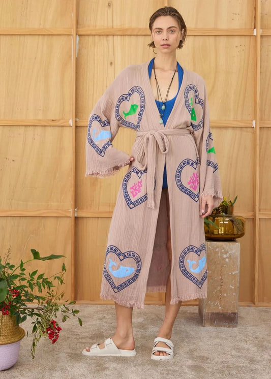 Long Tan Sardine Coral Robe ~ Hand Pressed Motif