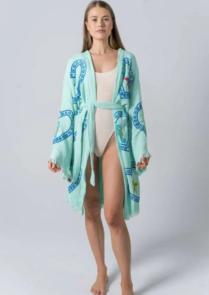 Midi Caribbean Blue Robe ~ Sea Horse/Sea Star Hand Pressed Motif