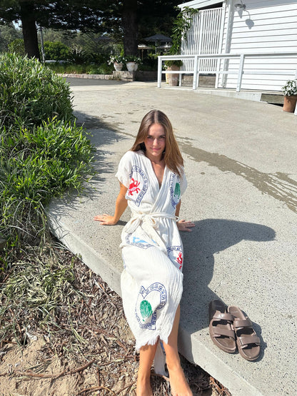 Natural Long Robe Short Sleeve ~ Crab + Sardine Hand Pressed Motif