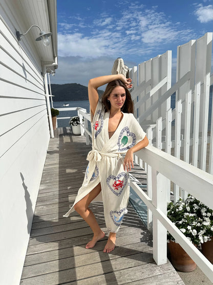 Natural Long Robe Short Sleeve ~ Crab + Sardine Hand Pressed Motif