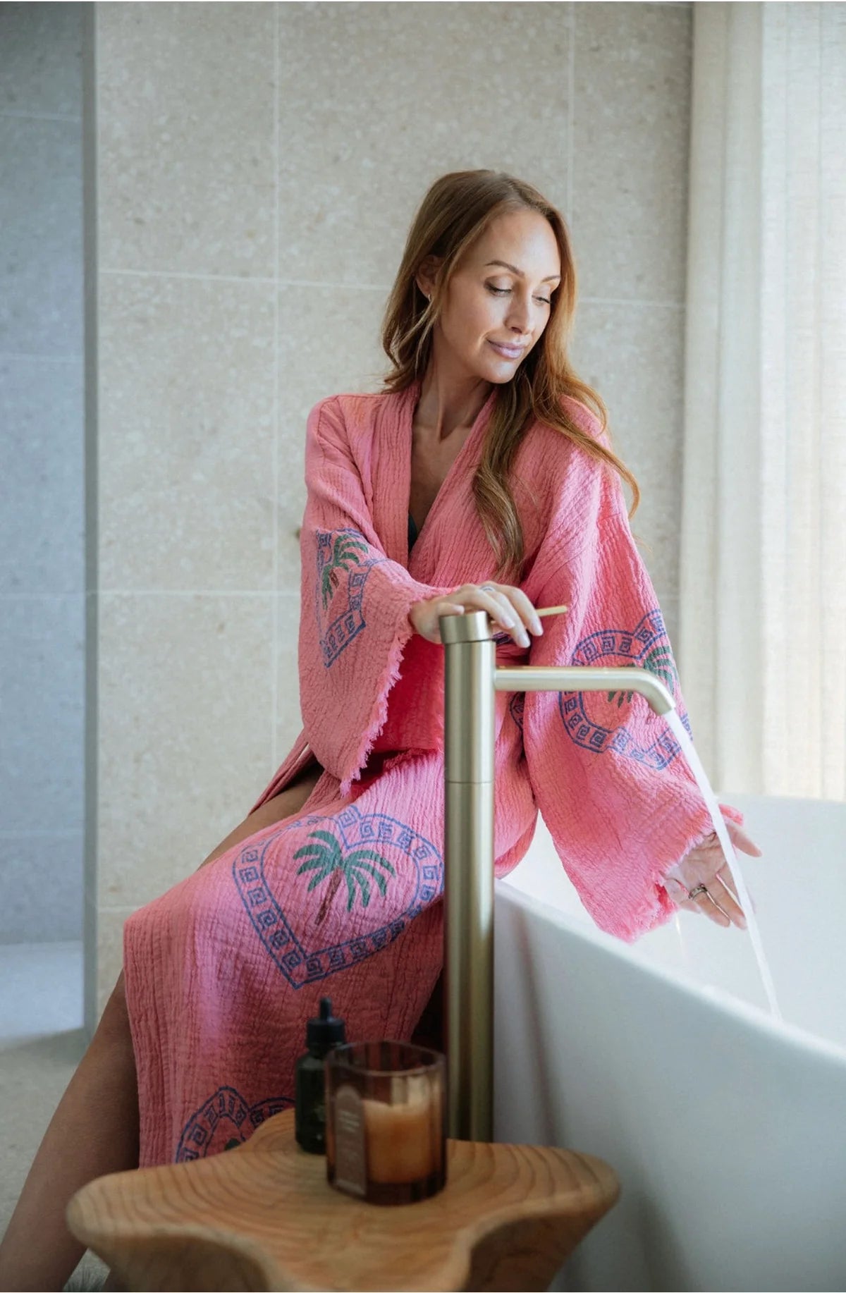 Long Watermelon Robe ~ Palm Tree Hand Pressed Motif
