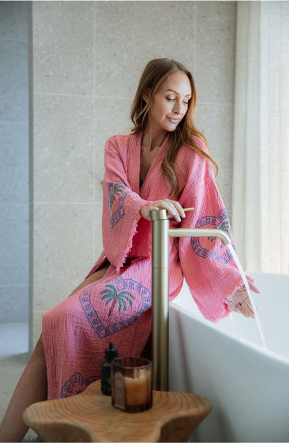 Long Watermelon Robe ~ Palm Tree Hand Pressed Motif