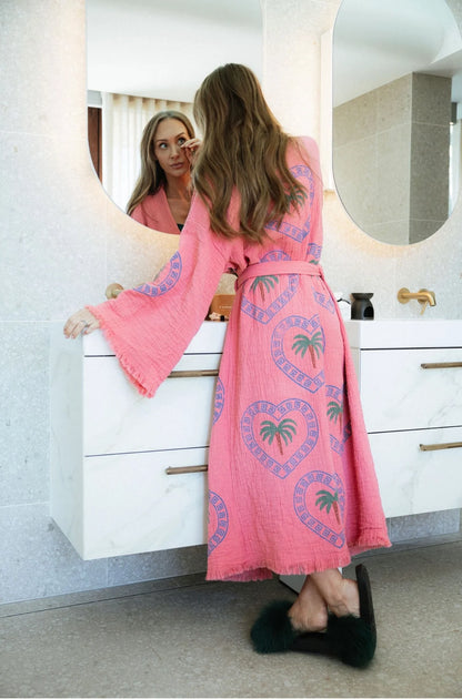 Long Watermelon Robe ~ Palm Tree Hand Pressed Motif