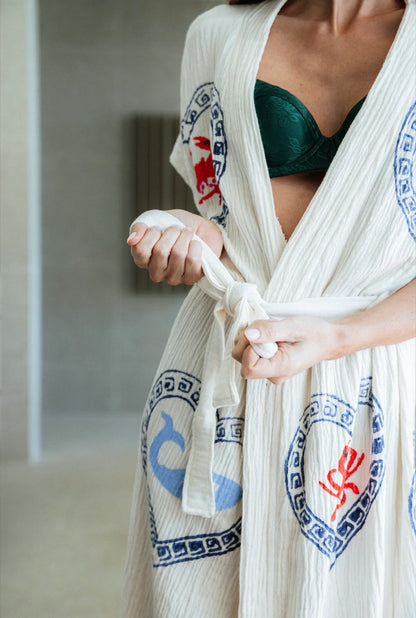 Natural Long Robe Short Sleeve ~ Crab + Sardine Hand Pressed Motif
