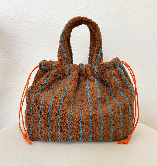 Mini Terry Towelling Bag ~ Brown + Blue Stripe