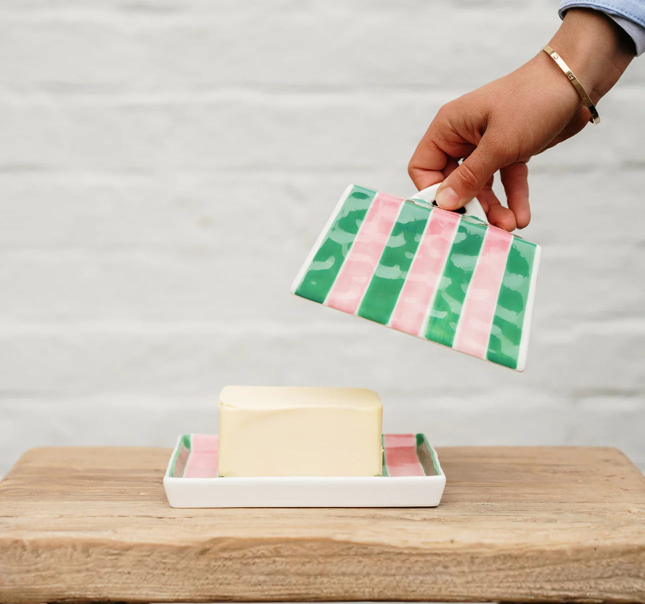 Butter Dish ~ Pink + Green Stripe