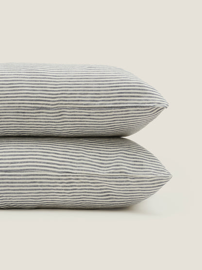 100% Linen Pillowcase Set of 2 Blue Stripes